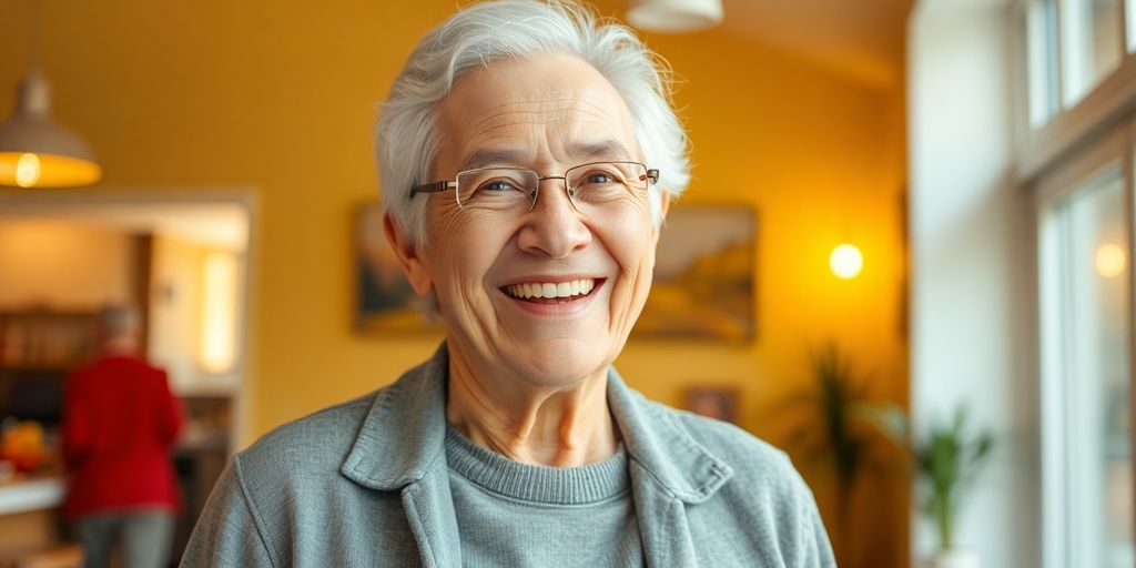 Ältere Person lächelt in heller Umgebung freut sich auf Nachbarschaftshilfe.