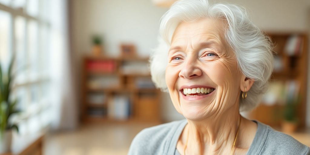 Ältere weiße Person lächelt in hellen Umgebung.