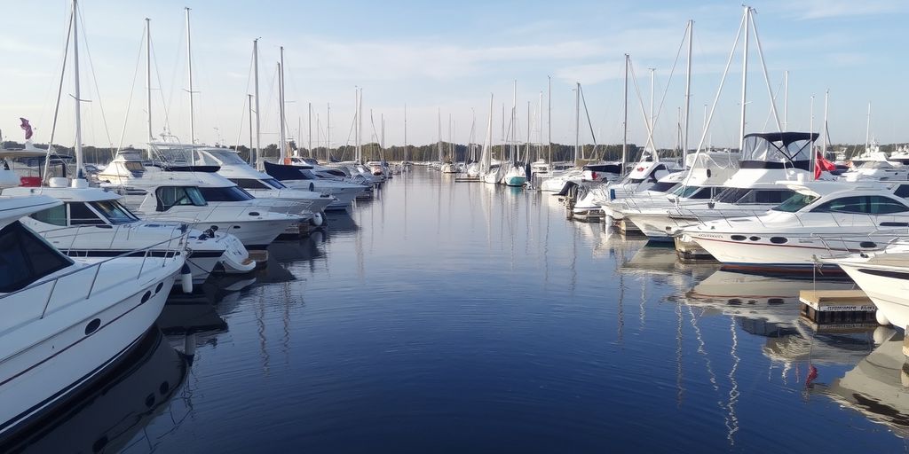 Boats docked in a calm marina