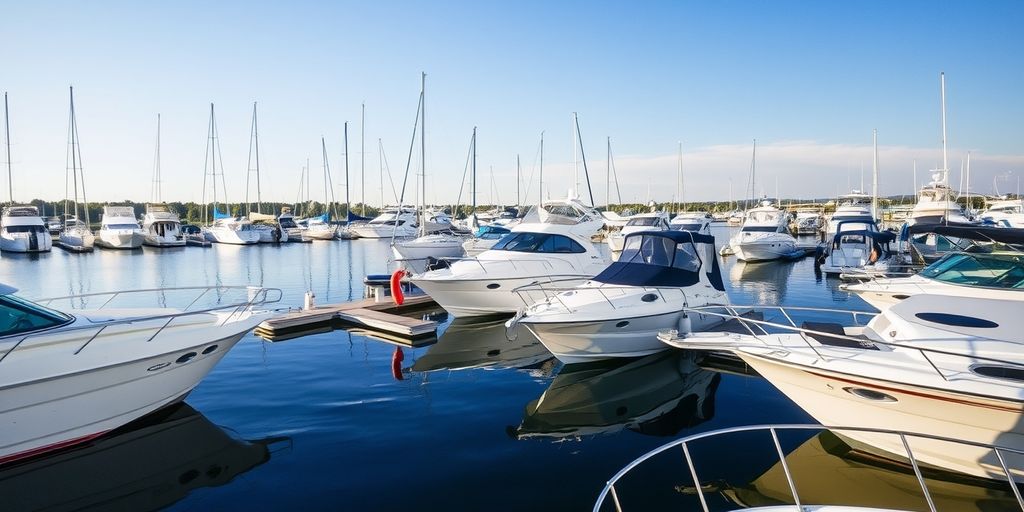 Boats docked at a calm marina