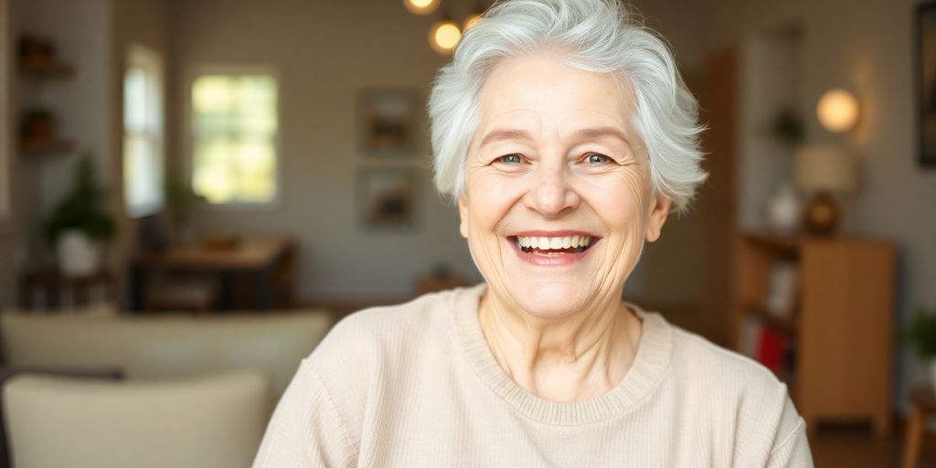 Ältere weiße Person lächelt in hellen Räumlichkeiten.