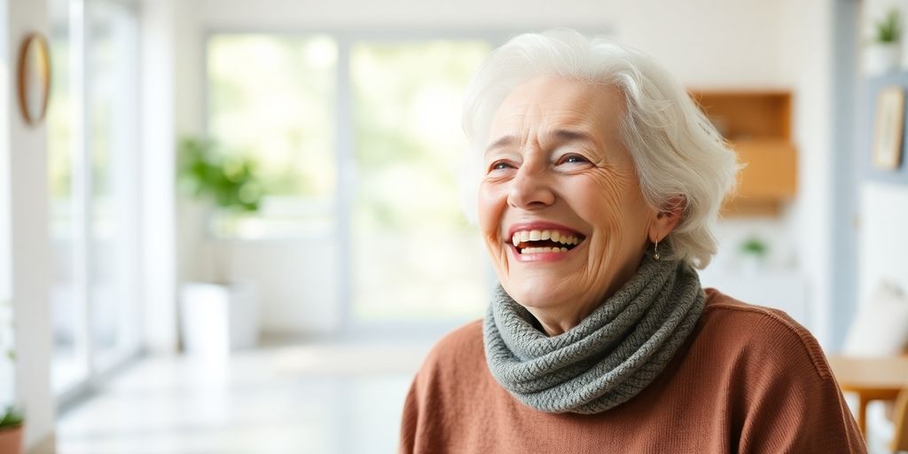 Lächelnder älterer Mensch in heller Umgebung.