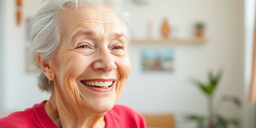 Ältere Person lächelt in einem hellen Umfeld.