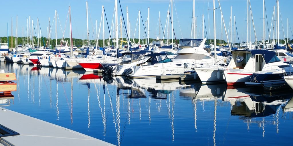 Boats docked at a calm marina