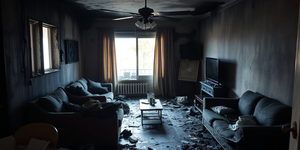 Burnt living room with charred walls and furniture