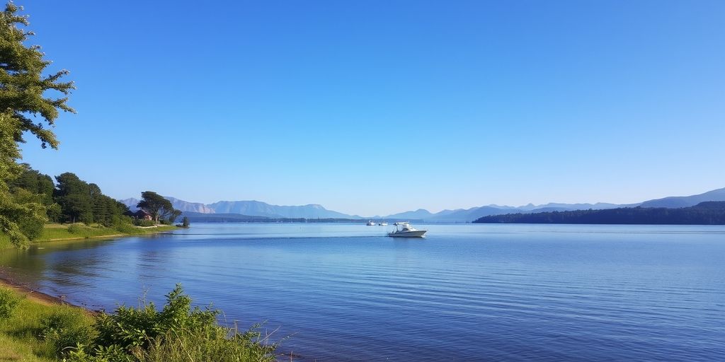 Boat on lake with mountains and greenery