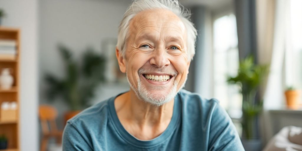 Lächelnder älterer Mann in heller Umgebung.