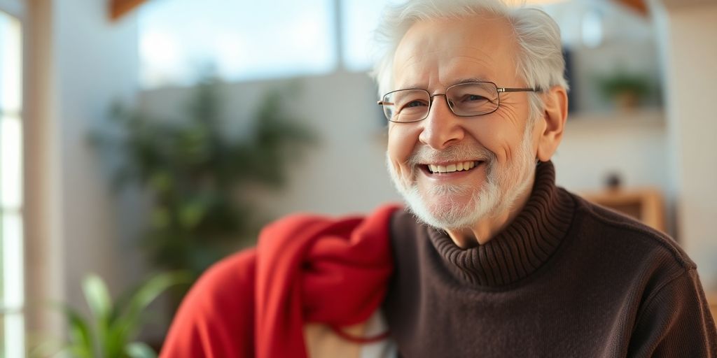 Älterer weißer Mensch lächelt in heller Umgebung.
