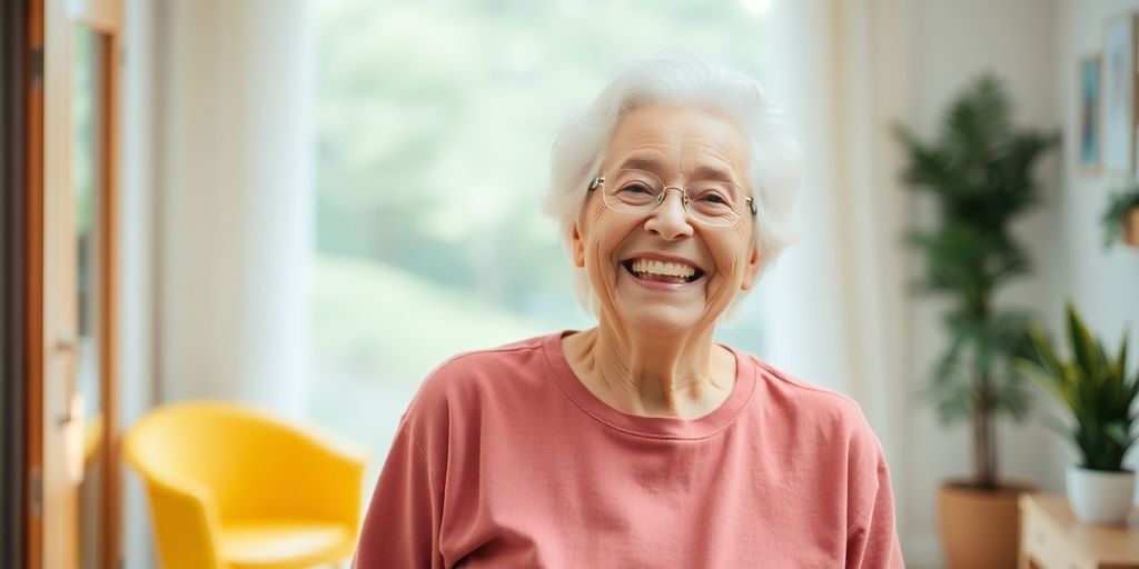 Ältere Person lächelt in hellen Räumlichkeiten.