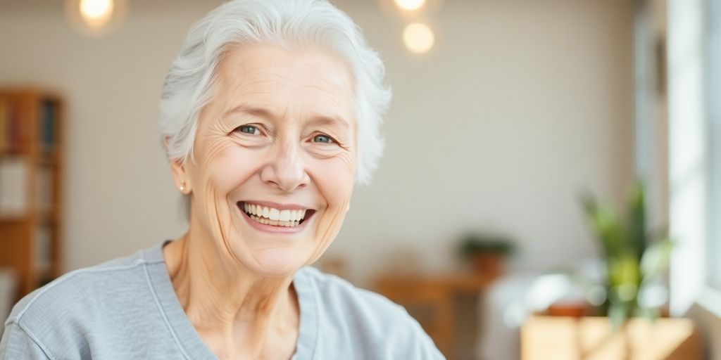 Lächelnder älterer weißer Mensch in heller Umgebung.