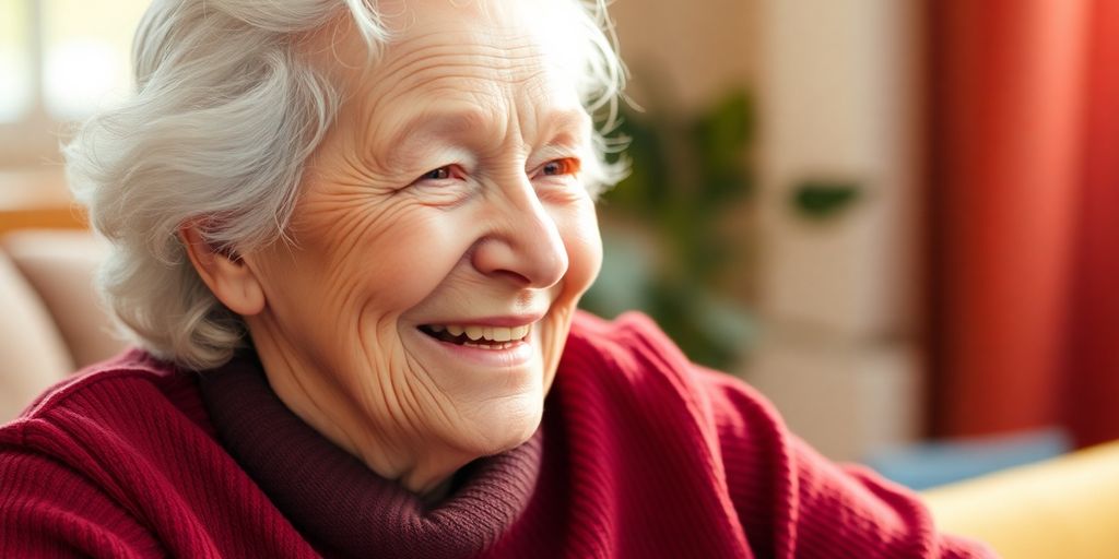 Lächelnder älterer weißer Mensch in heller Umgebung.