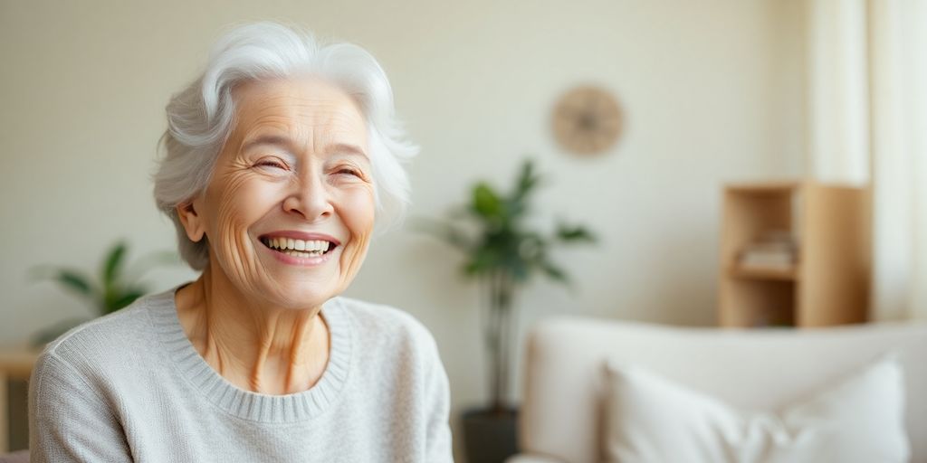 Ältere Person lächelt in heller Umgebung.