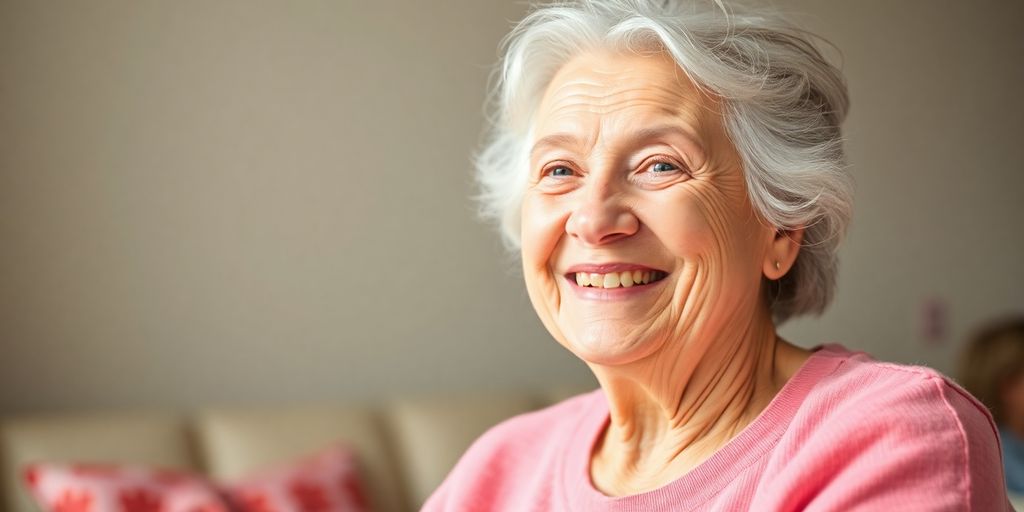 Ältere Person lächelt in einer hellen Umgebung.
