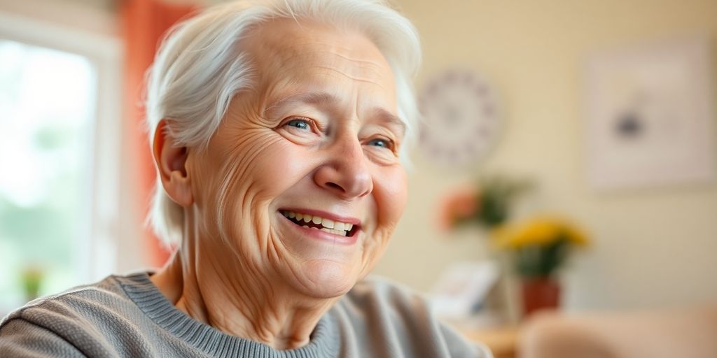 Älterer weißer Mensch mit einem Lächeln in hellem Umfeld.