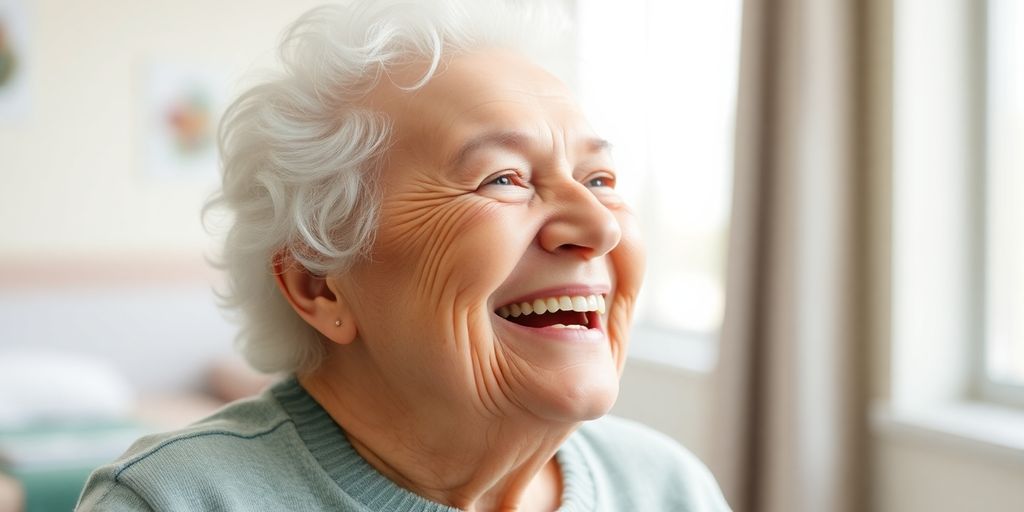 Hygieneplan: Ältere Person lächelt in heller, sauberer Umgebung.