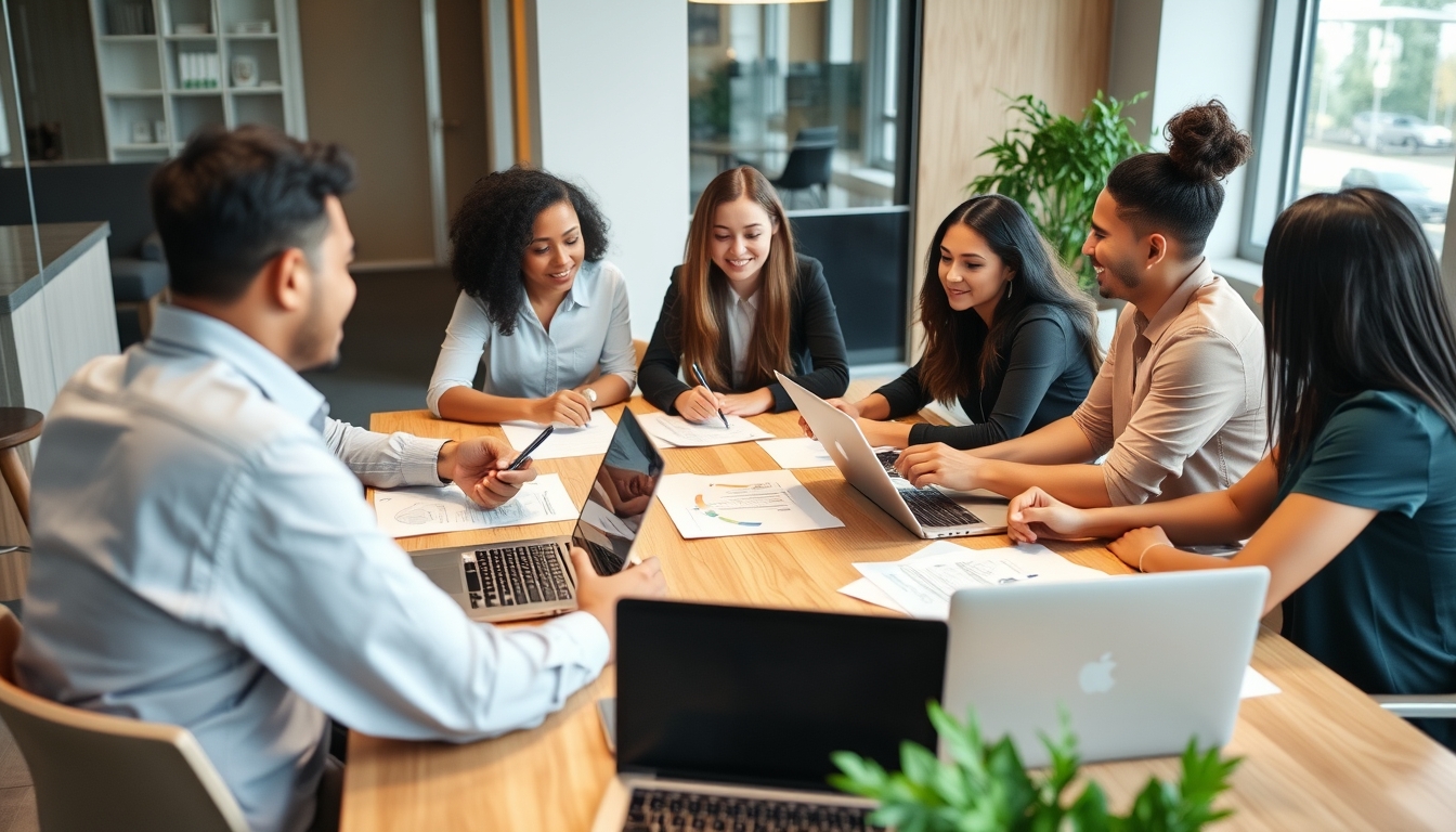 Team meeting discussing business strategies in a modern office.