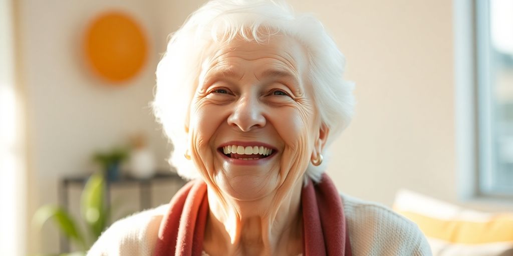 Ältere Person mit einem Lächeln in hellen Farben.