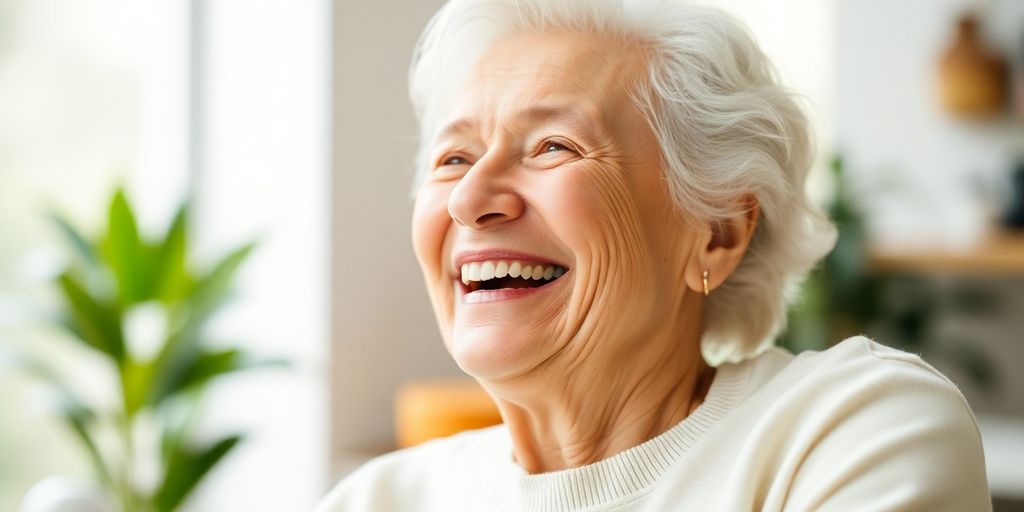 Älterer weißer Mensch lächelt in heller Umgebung.