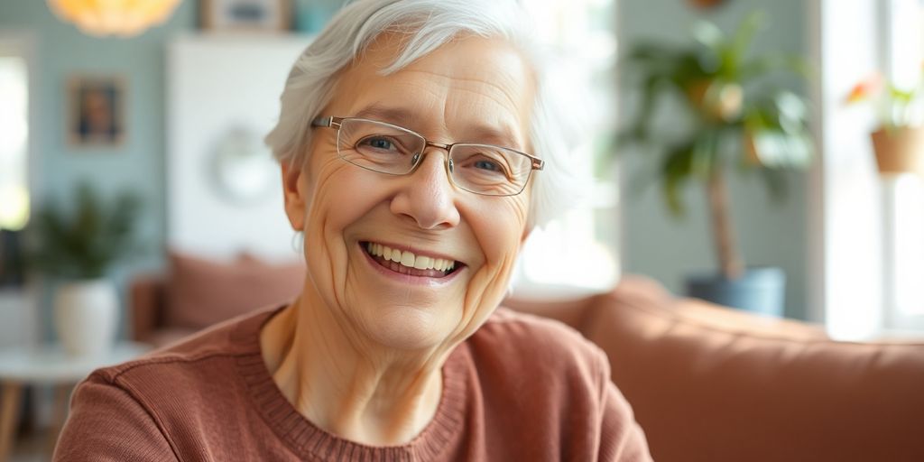 Ältere Person mit einem Lächeln in hellem Ambiente.