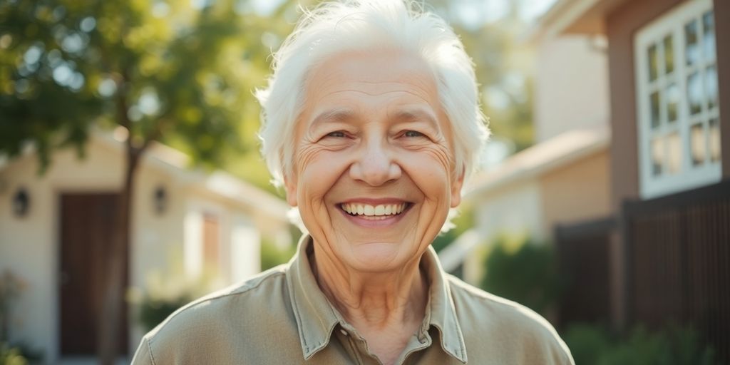 Ältere weiße Person lächelt in heller Umgebung.