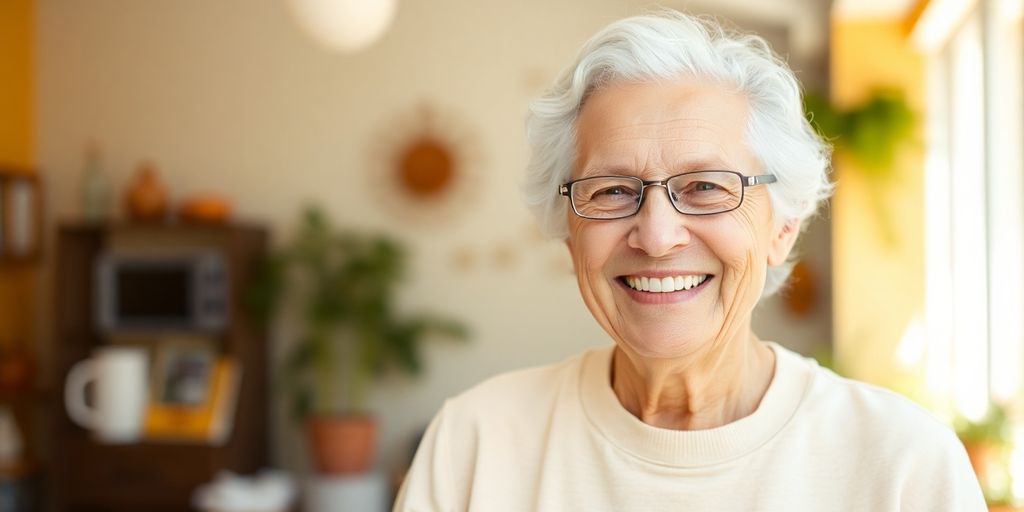 Älterer weißer Mensch lächelt in einer hellen Umgebung.