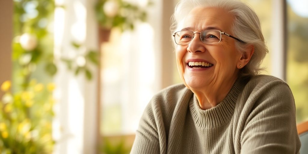 Bezugspflege: Ältere Frau lächelt in hellem Umfeld.
