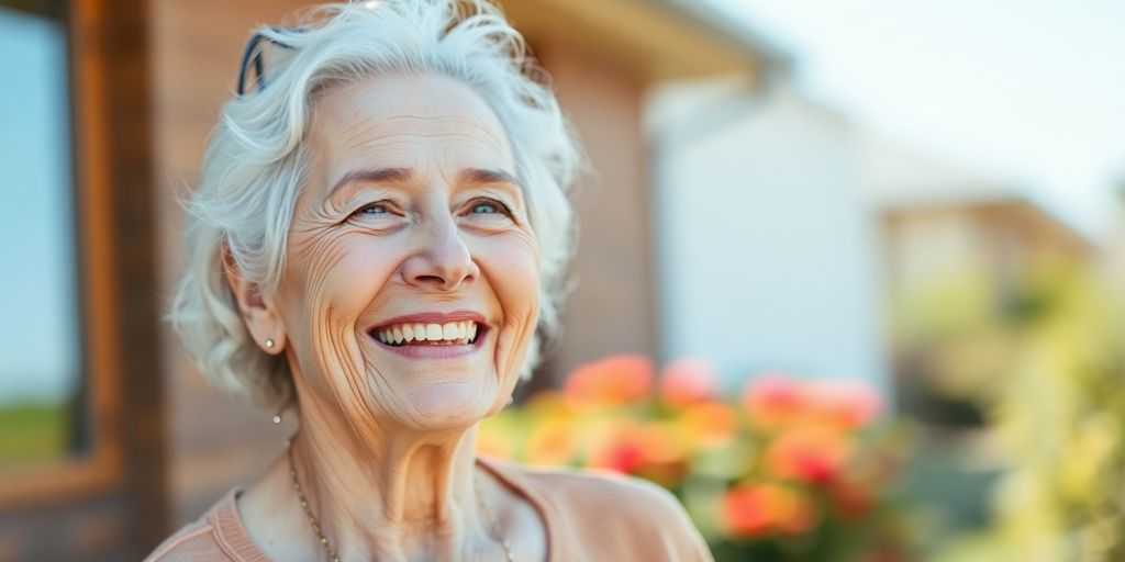 Älterer weißer Mensch lächelt in heller Umgebung.