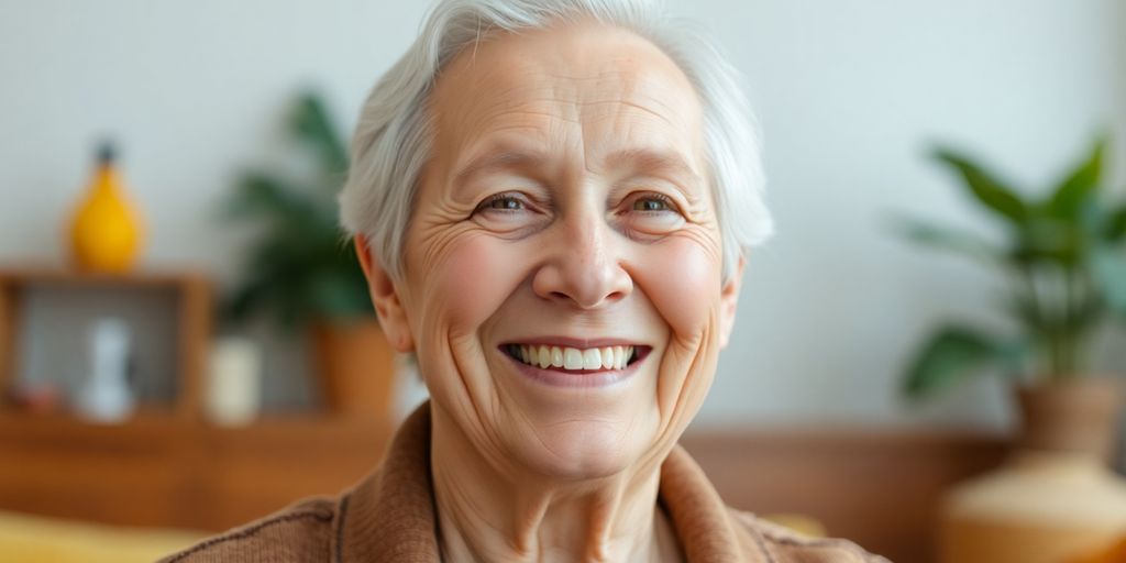 Ältere Person mit einem Lächeln in hellem Umfeld.