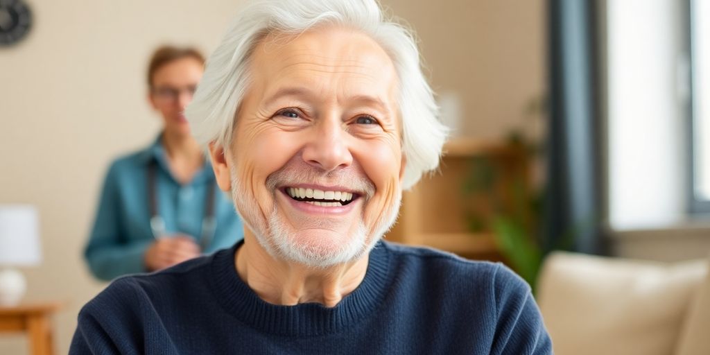 Unterstützungsleistung: Ältere Person lächelt in heller Umgebung.