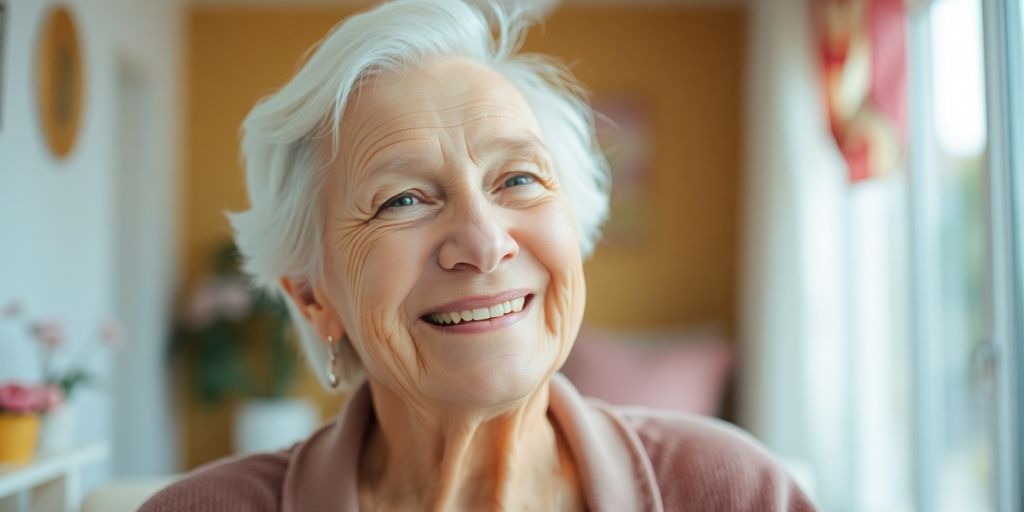 Älterer weißer Mensch lächelt in hellen Räumen.