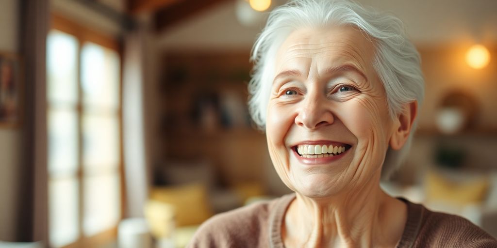 Ältere weiße Person lächelt in heller Umgebung.