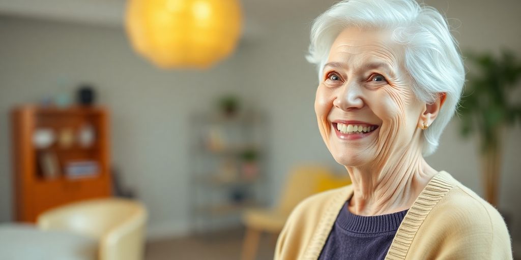 Ältere Person lächelt in hellem Umfeld.