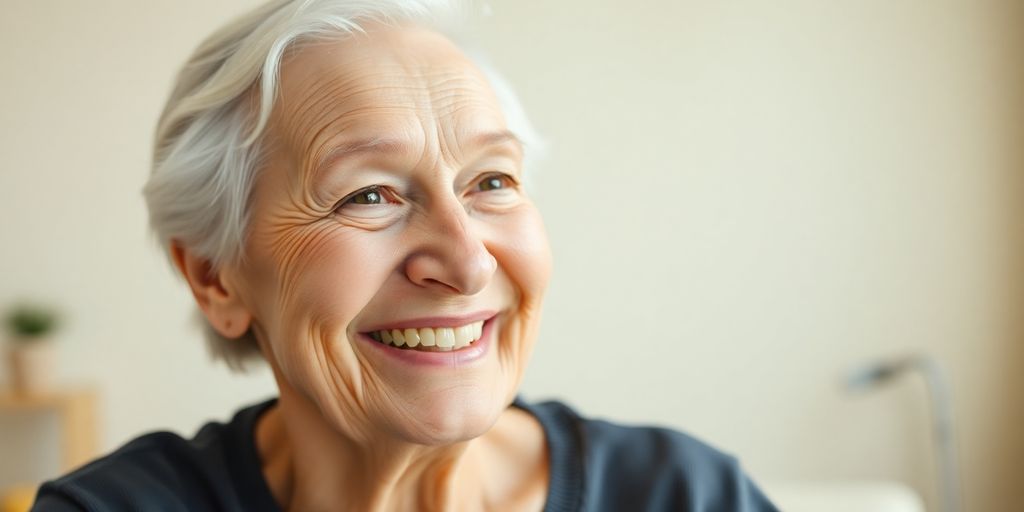 Älterer weißer Mensch lächelt in hellem Umfeld.