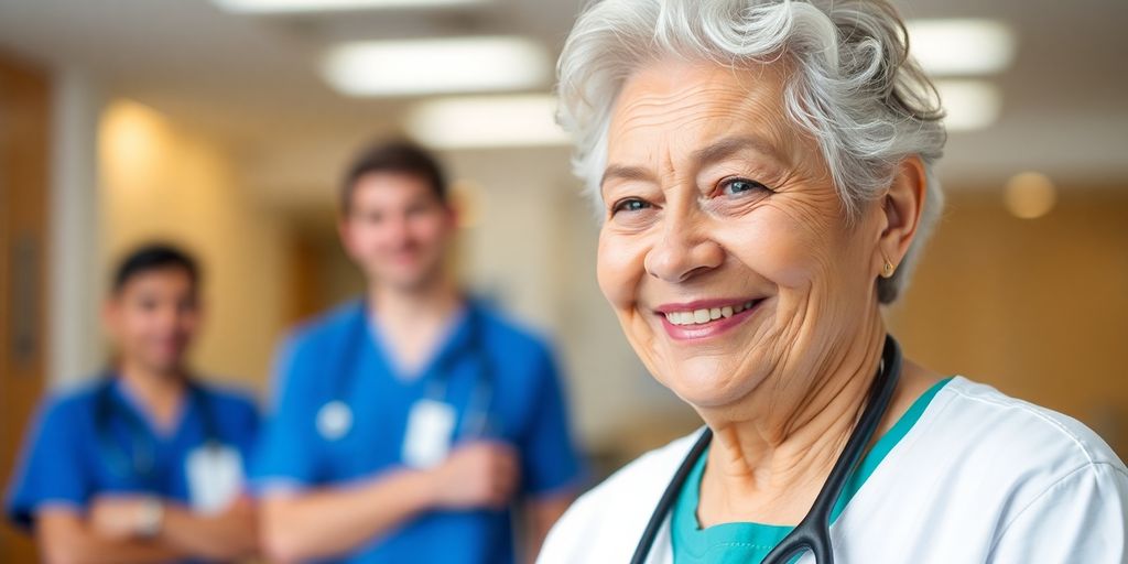 Ältere Frau arbeitet als medizinische Fachangestellte in der Pflegeversicherung.