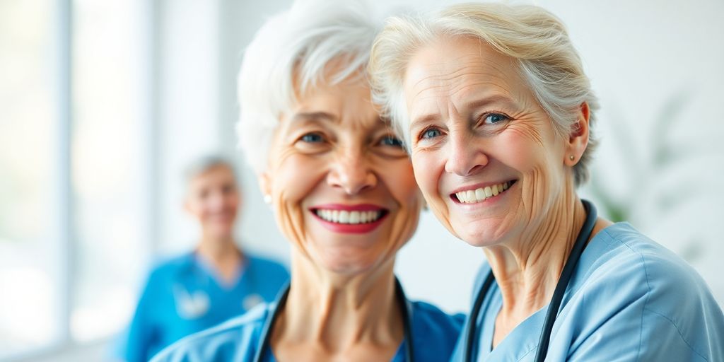 Ältere Person lächelt in hellem Umfeld.