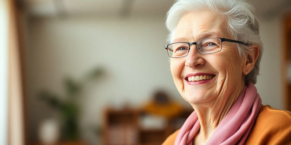 Lächelnder älterer weißer Mensch in hellem Umfeld.