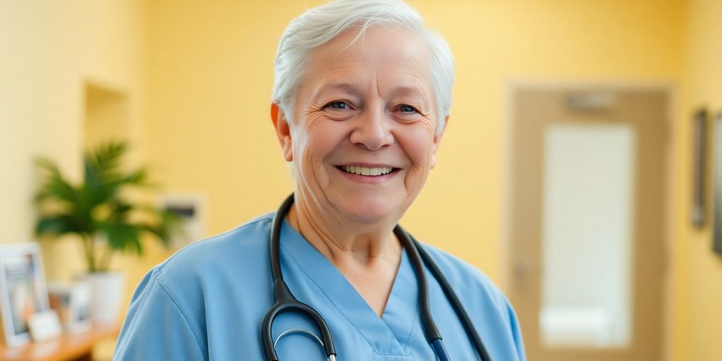 Lächelnde ältere Person in hellem Umfeld.