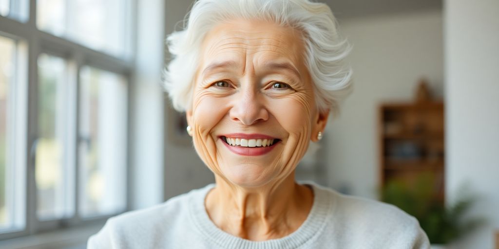 Älterer weißer Mensch lächelt in hellen Räumlichkeiten.