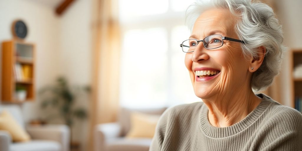 Ältere Person lächelt in heller Umgebung.