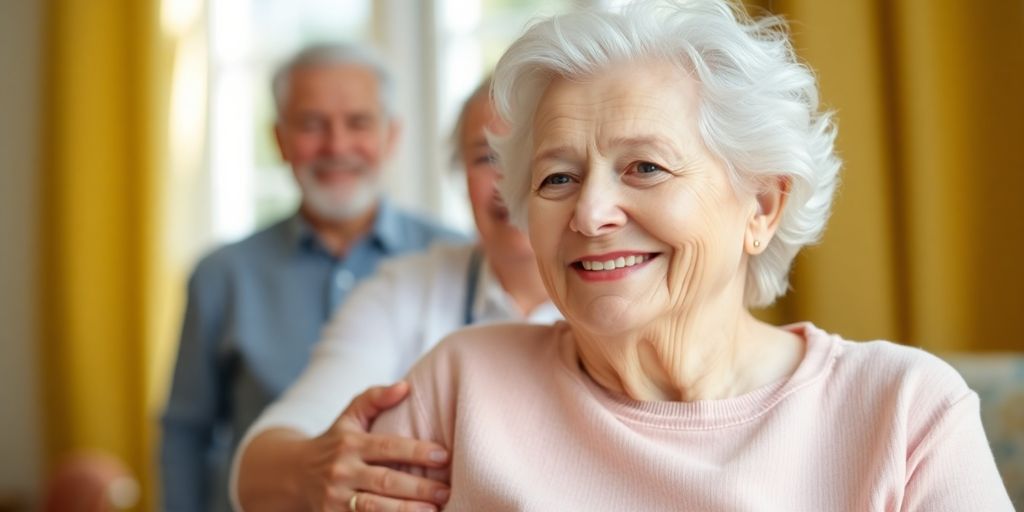 Ältere weiße Person lächelt in hellem Umfeld.