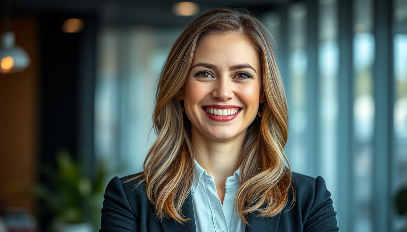 Smiling woman representing financial security and well-being.