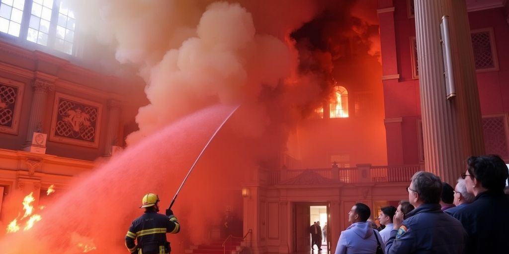 Fireman extinguishing flames in public building