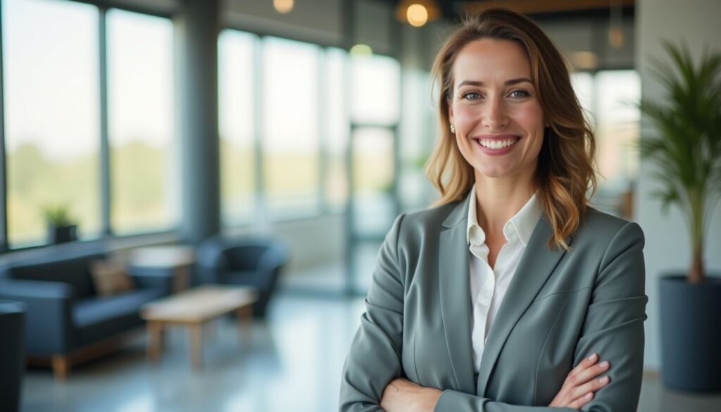 Freundliche Beraterin der AOK Hessen wartet im Büro auf Ihren Gesprächspartner.