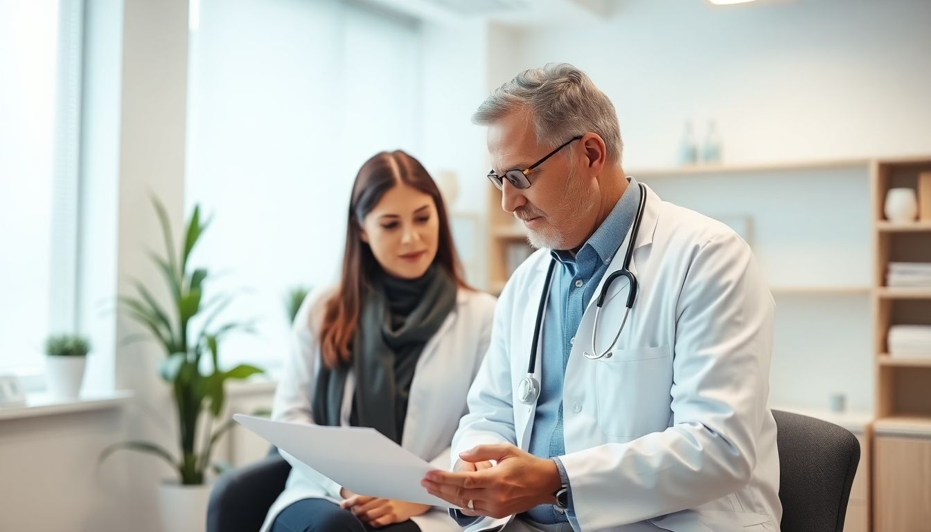 Hyposensibilisierung: Doctor and patient discussing treatment in a bright, modern practice.