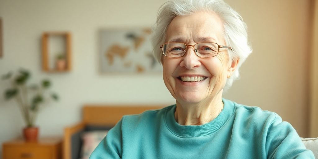 Pflegeperson: Lächelnde ältere Person in heller Umgebung.