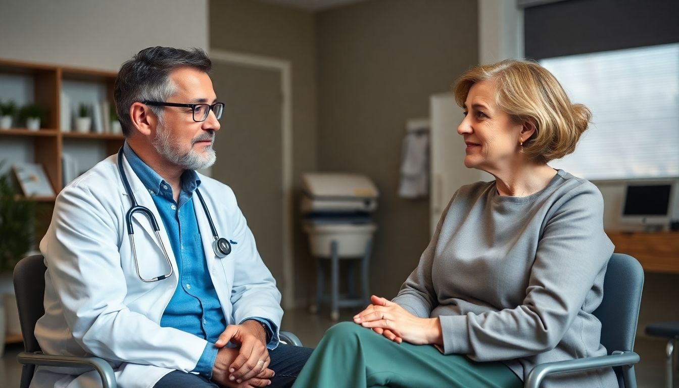 Arzt und Patientin besprechen Hysterektomie in heller Praxis.