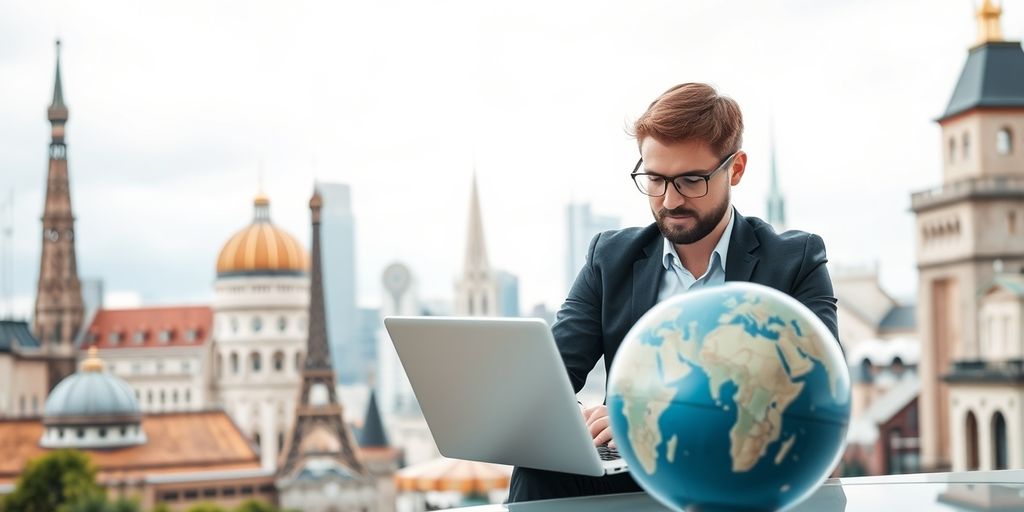 Professional working abroad with landmarks and globe.