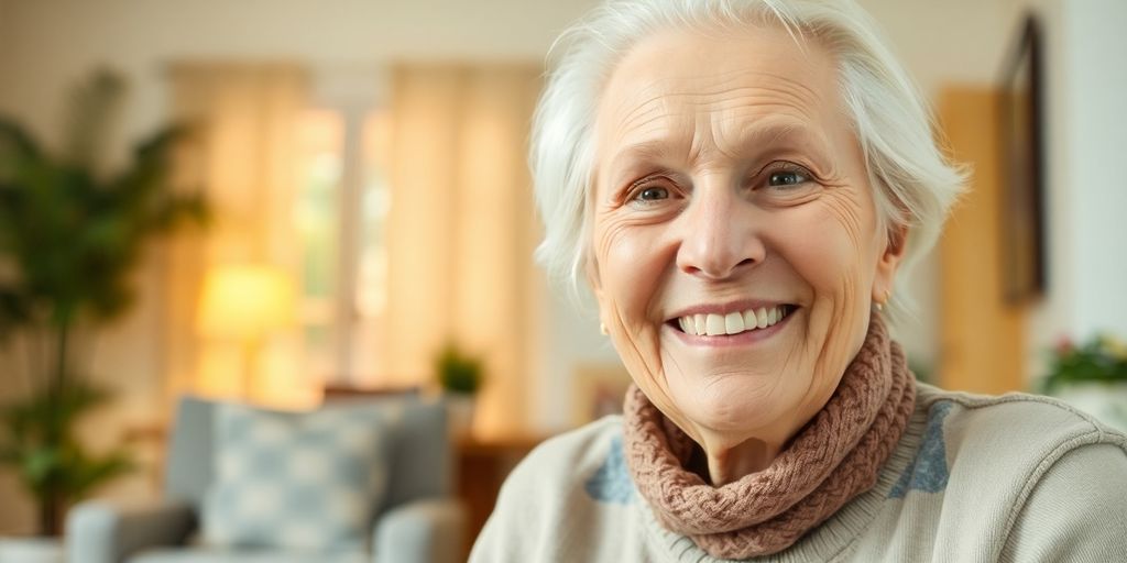 Älterer Mensch lächelt in hellem Wohnraum.