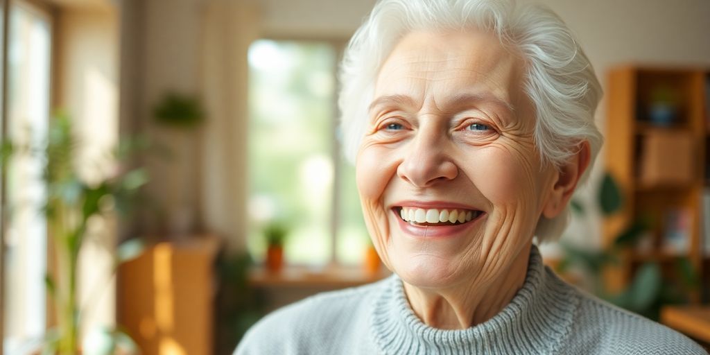 Ältere Person lächelt in hellen, freundlichen Räumen.