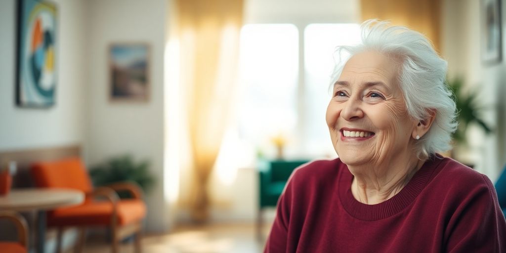 Lächelnder älterer Mensch in hellen, einladenden Räumen.